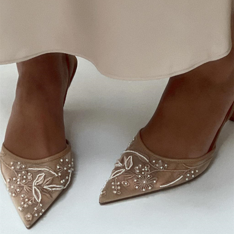Women Shoes Luxury Brand - รองเท้าส้นสูงแบบสวมเปิดส้น ดีไซน์ตาข่ายลูกไม้ ประดับลูกไม้ ใส่ได้หลากหลายโอกาส เหมาะสำหรับฤดูร้อนและฤดูใบไม้ร่วง สำหรับผู้หญิง
