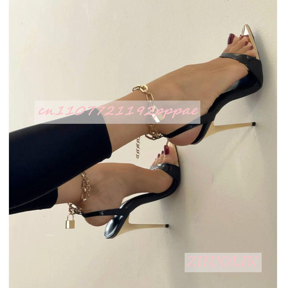 Kids Shoes Women - รองเท้าส้นสูงสีดำหัวแหลมโลหะสำหรับผู้หญิง รองเท้าแตะรัดส้นแบบมีสายโซ่โลหะสำหรับฤดูร้อน เหมาะสำหรับงานปาร์ตี้กลางคืน รองเท้าผู้หญิง Zapatos Mujer