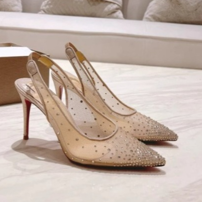 Platform Mule Heel - รองเท้าส้นสูงแบบส้นเข็มประดับคริสตัลตาข่ายสำหรับผู้หญิง รองเท้าแต่งงานหัวแหลม รองเท้าส้นสูงแบบเปิดส้นสำหรับผู้หญิง