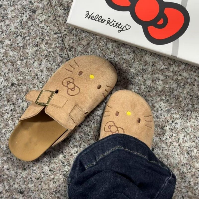 Women Shoes Store - รองเท้าแตะผู้หญิงเฮลโล คิตตี้แฟชั่นรองเท้าแตะหนังสำหรับผู้หญิงฤดูใบไม้ผลิฤดูใบไม้ร่วงสบายๆรองเท้าแบนรองเท้าชายหาดกันลื่น