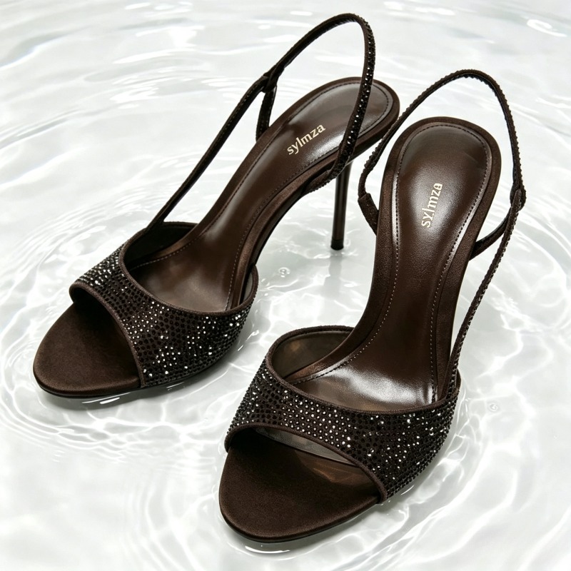 Women Shoes Luxury Brand - รองเท้าส้นสูงแบบสวมเปิดส้นประดับคริสตัล ดีไซน์หรูหรา แบรนด์ดีไซเนอร์ สำหรับผู้หญิง