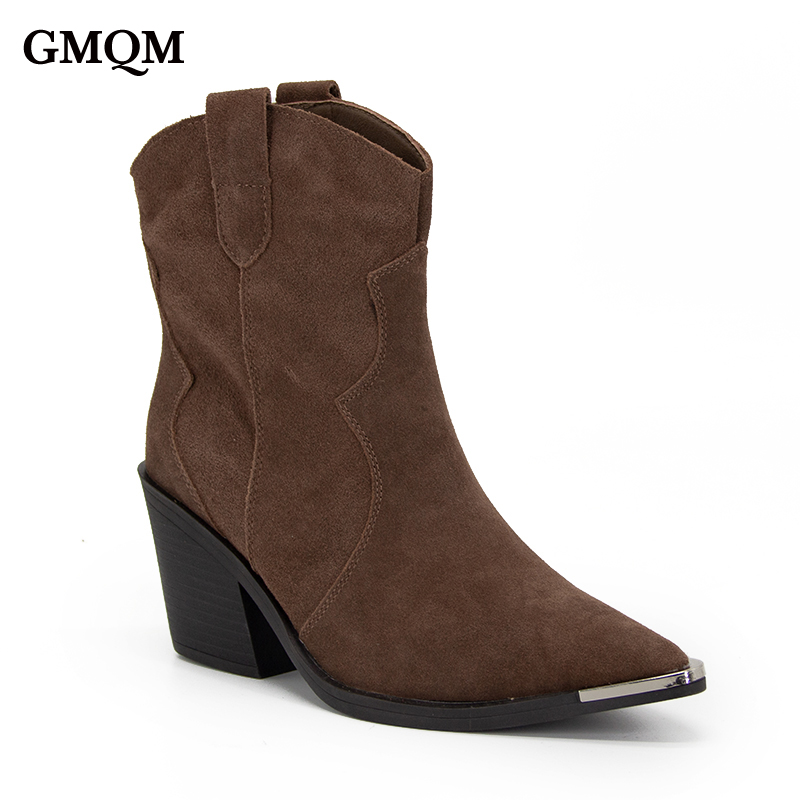 Women'S Shoes Wide Width - รองเท้าบูทข้อเท้าผู้หญิง GMQM 2025 สีน้ำตาล สไตล์คาวบอย ตะวันตก
