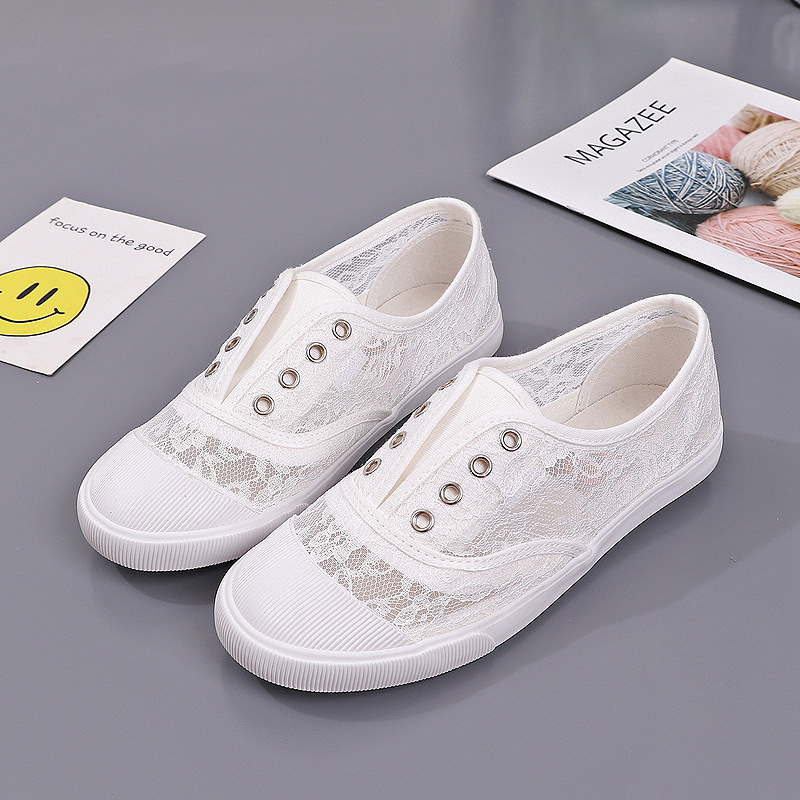 Women Shoes Store - แฟชั่นลูกไม้สีขาวรองเท้าผ้าใบผู้หญิงฤดูร้อนแบบสบายๆระบายอากาศได้ดีรองเท้าผ้าใบสตรีแบบสวมรองเท้าโลฟเฟอร์หญิง WSH5745
