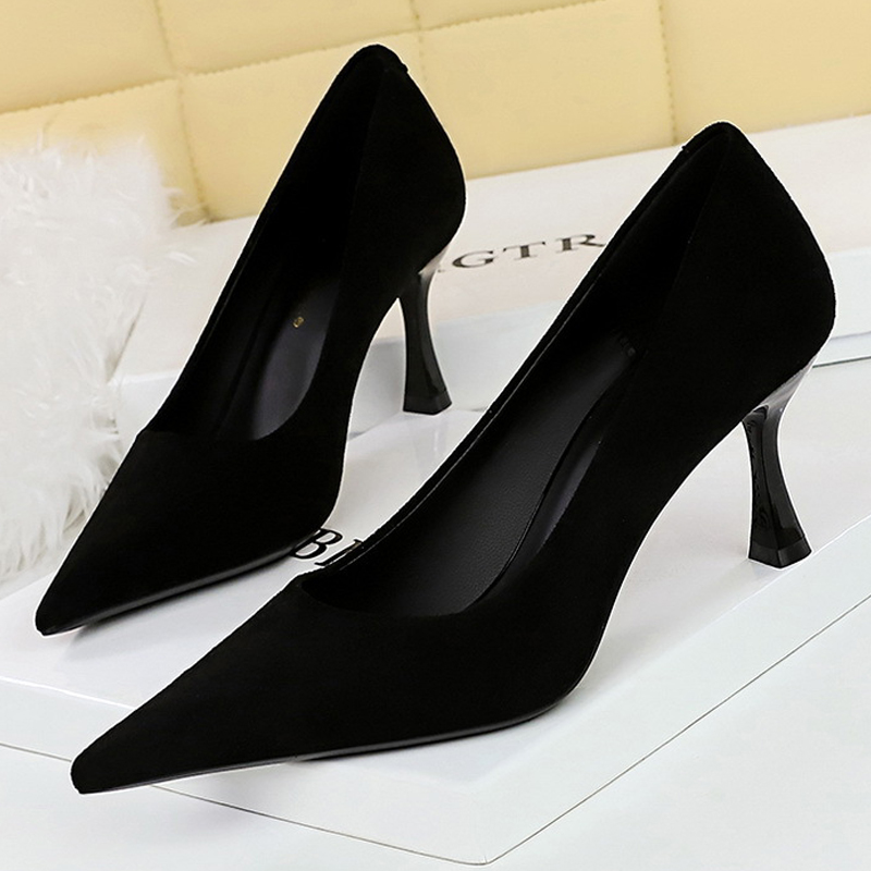Women Shoes Zara - BIGTREE รองเท้าหนังนิ่มสีดําผู้หญิงปั๊มแก้วไวน์และรองเท้าส้นสูงชี้ Toe ผู้หญิงรองเท้าส้นสูง 7 ซม.10
