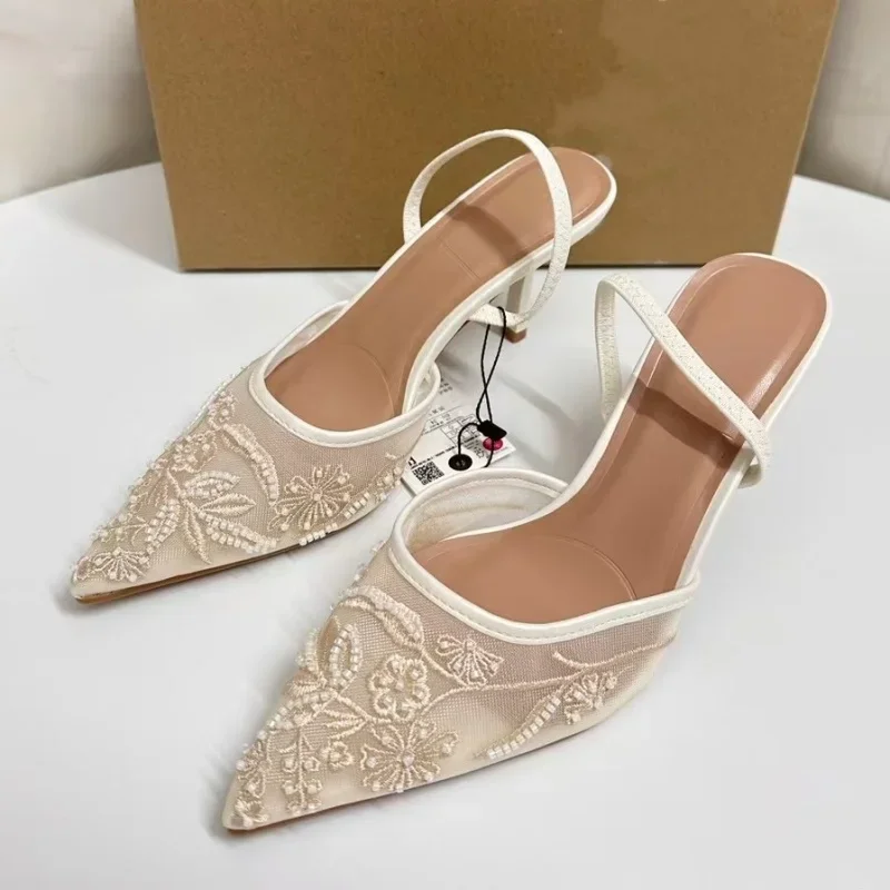 Women Shoes Zara - ยี่ห้อ Designer สีขาวผู้หญิงงานแต่งงานปั๊มตาข่ายปักดอกไม้สายคล้องคอเซ็กซี่ Slingback รองเท้าส้นสูงรองเท้าสําหรับสุภาพสตรี