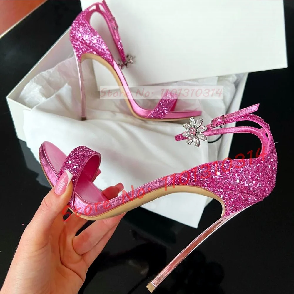 Women Shoes Luxury Brand - Luxury Glitter สีชมพูส้นรองเท้าแตะดอกไม้คริสตัลผู้หญิงรองเท้า Bling โลหะสูงรองเท้าส้นสูงรองเท้าแตะ Peep