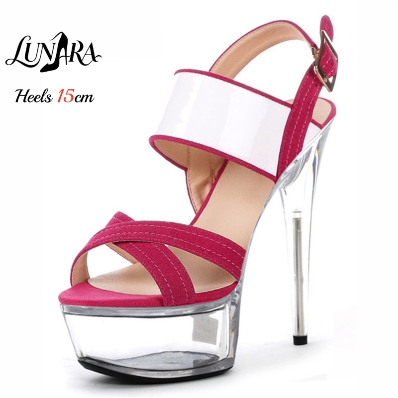 Platform Mule Heel - รองเท้าส้นเข็มแบบแพลตฟอร์มใส 15 ซม./6 นิ้ว สีชมพูหนังกลับ สายไขว้