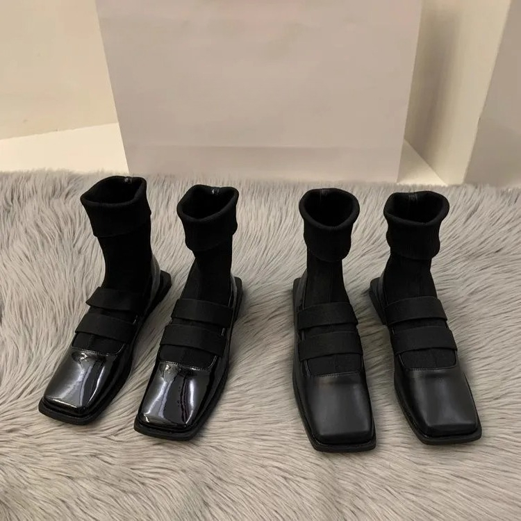 Women Shoes Zara - สไตล์อังกฤษสแควร์ถักถุงเท้ารองเท้า 2023 ใหม่ผู้หญิงรองเท้าคุณภาพสูงSlimming Loafersผู้หญิงรองเท้าข้อเท้ารองเท้าเดียว