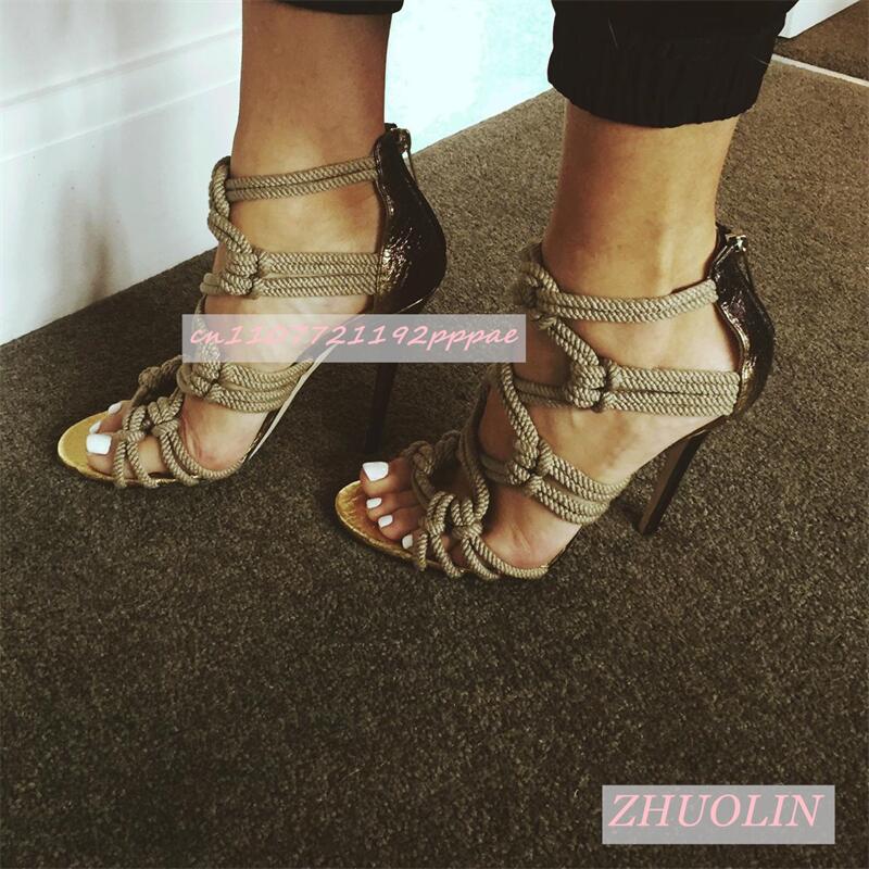 Kids Shoes Women - รองเท้าส้นสูงแบบเปิดนิ้วเท้า สไตล์สานเชือก สำหรับผู้หญิง ดีไซน์หรูหรา พร้อมซิป เหมาะสำหรับงานพรอม