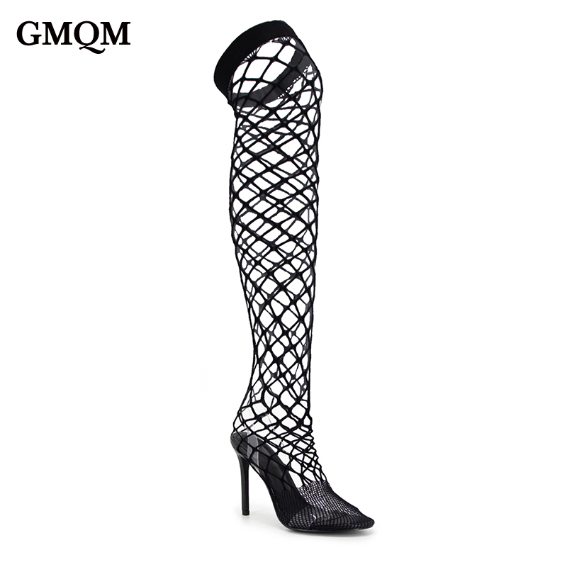 Platform Mule Heel - รองเท้าส้นสูงสไตล์สติลเลตโต้ GMQM 2025 สำหรับผู้หญิง รองเท้าส้นเข็มแบบตาข่ายสีดำ เปิดนิ้วเท้า