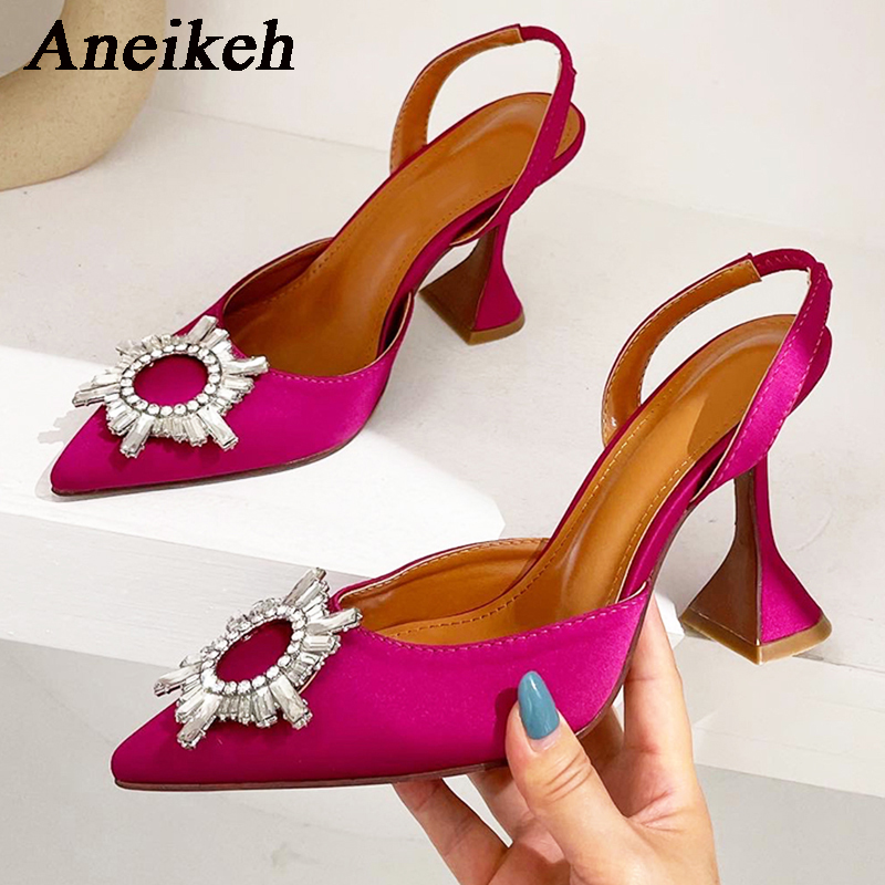 Women Shoes Zara - Aneikeh ยี่ห้อผู้หญิงผ้าไหมรองเท้าส้นสูงคริสตัลผีเสื้อรองเท้าส้นสูงฤดูร้อนชี้รองเท้าสามเหลี่ยมรองเท้าส้นสูงเจ้าสาวปั๊ม