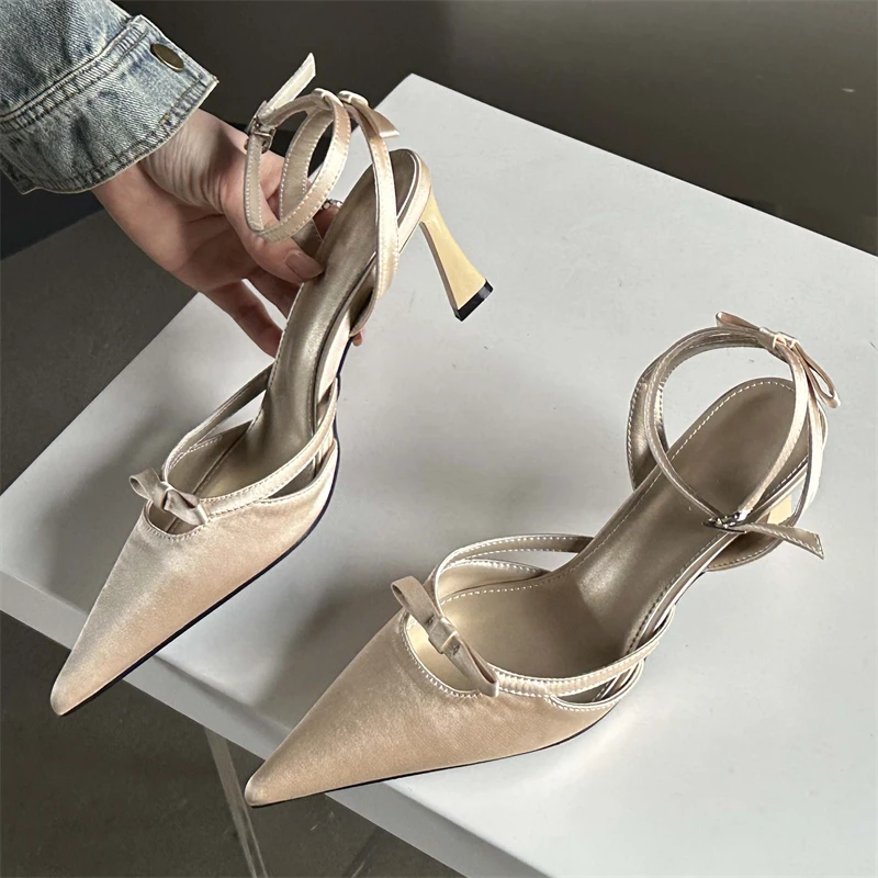 Women Shoes Zara - Eilyken รองเท้าแตะสายรัดข้อเท้าสำหรับผู้หญิง, รองเท้าส้นสูงมีโบว์ดีไซน์หัวแหลม
