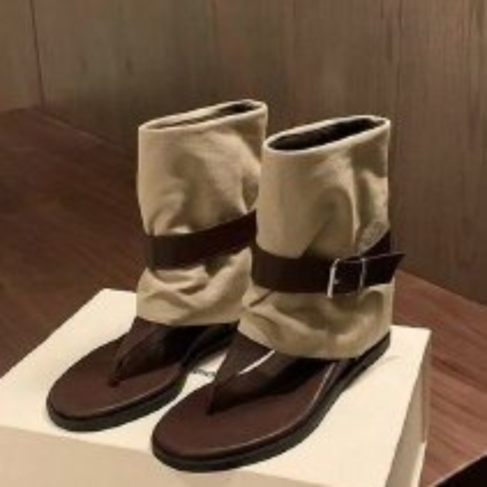 Women Shoes Boots - รองเท้าแตะแบบมีห่วงรัดนิ้วเท้าสีวินเทจสำหรับผู้หญิง, รองเท้าบูทแบบโรมันหนังกลับพับได้พร้อมหัวเข็มขัด, รองเท้ากลาดิเอเตอร์ส้นแบนสำหรับผู้หญิง