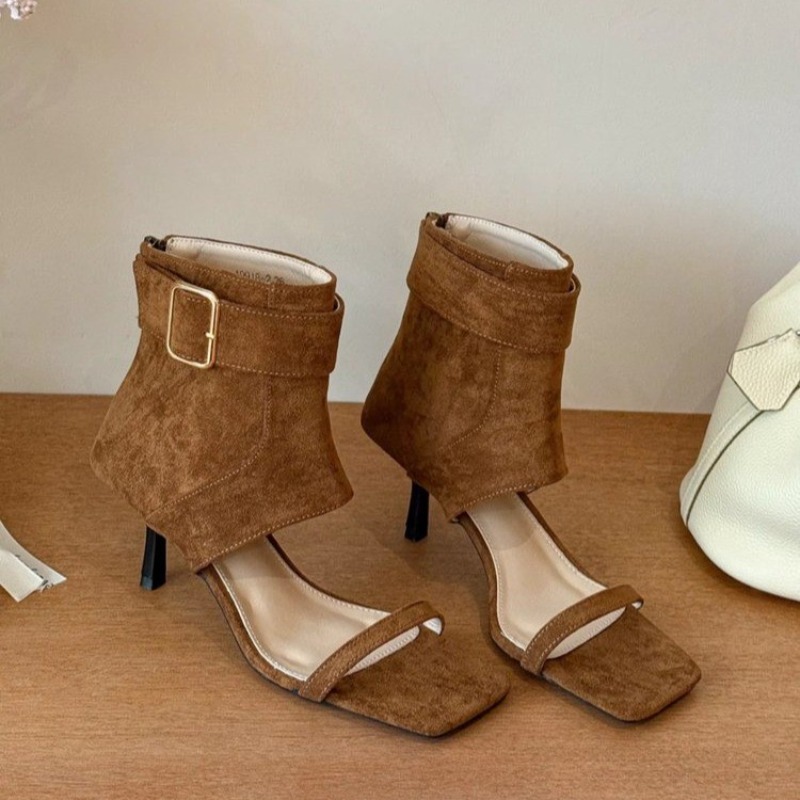 Women Shoes Boots - รองเท้าบูทส้นสูงหัวเหลี่ยมแบบเปิดนิ้วเท้าสไตล์เรโทรสำหรับฤดูร้อน ตกแต่งหัวเข็มขัดโลหะ กันลื่น ทนทานต่อการสึกหรอ