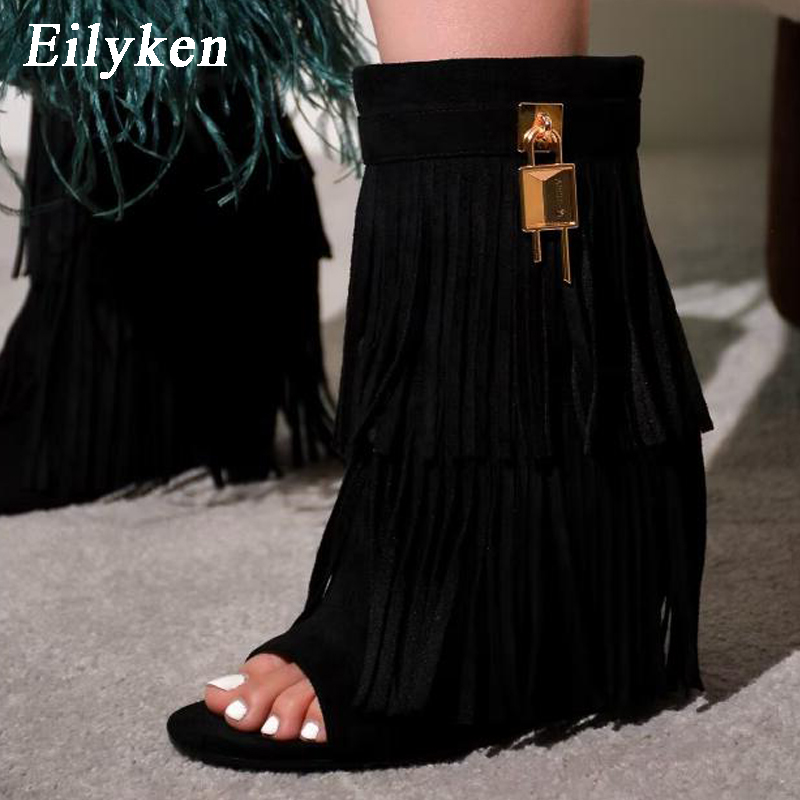 Women Shoes Boots - รองเท้าส้นสูงแบบเปิดนิ้วเท้า ดีไซน์พู่ห้อย ยี่ห้อ Eilyken สำหรับผู้หญิง สไตล์งานปาร์ตี้
